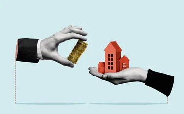 Art collage of a hand giving money to a hand holding a house