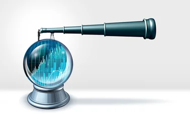 A telescope, representing looking ahead, sits on top of a crystal ball with data charts inside it