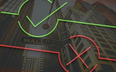 Yes and No symbols over Wall Street sign and buildings