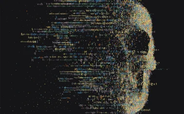 A skull made from software code is eroding as if being blown away