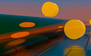 Large golden spheres hover over a glossy tiled surface, casting reflections against a gradient sky in an abstract futuristic landscape, symbolising innovation, creativity, and digital transformation