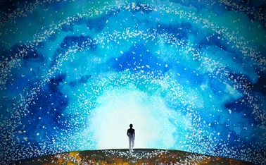 Illustration styled like a watercolour painting of a human standing on the horizon with a bright sky above