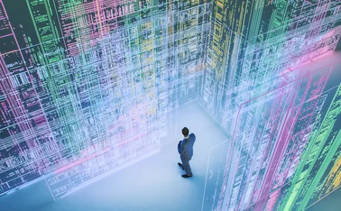 Businessman standing in VR environment, looking uncertain of what to do with the vast information in front of him