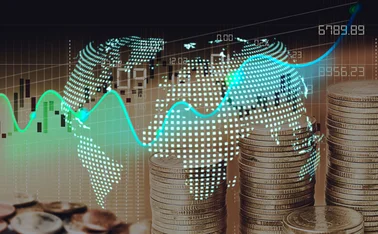 Digital global map with coins in backgrouns