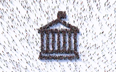 Human crowd forming a bank symbol on white background.