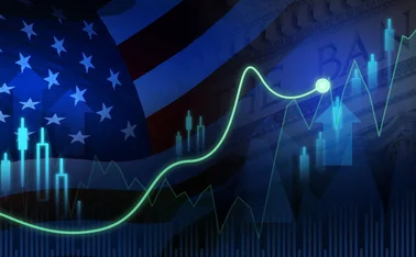 US-flag behind rising candlestick chart