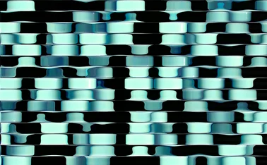 Abstract pattern of overlapping turquoise and blue geometric shapes on a black background