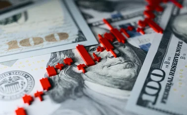 Dollars with red rising candlestick chart