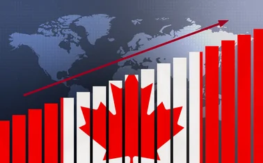 Canada flag and bar chart with upward arrow 