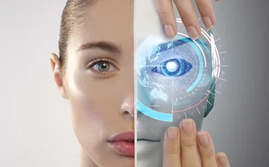 Human face half-covered by robot mask with advanced and futuristic technology