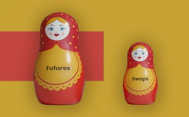 Mamushkas lined up side by side, the big one reading ‘futures’ the small one reading ‘swaps’