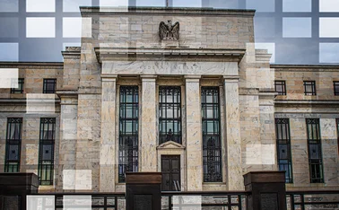 US Federal Reserve building overlaid with translucent wall and windows