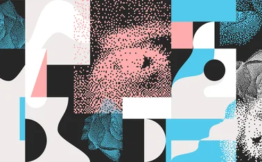 Abstract geometric collage featuring pixelated patterns, organic shapes, and blue, pink, black, and white color blocks