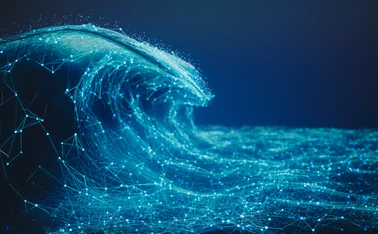  Visualization of an ocean wave created with glowing network nodes and lines on a deep blue background.