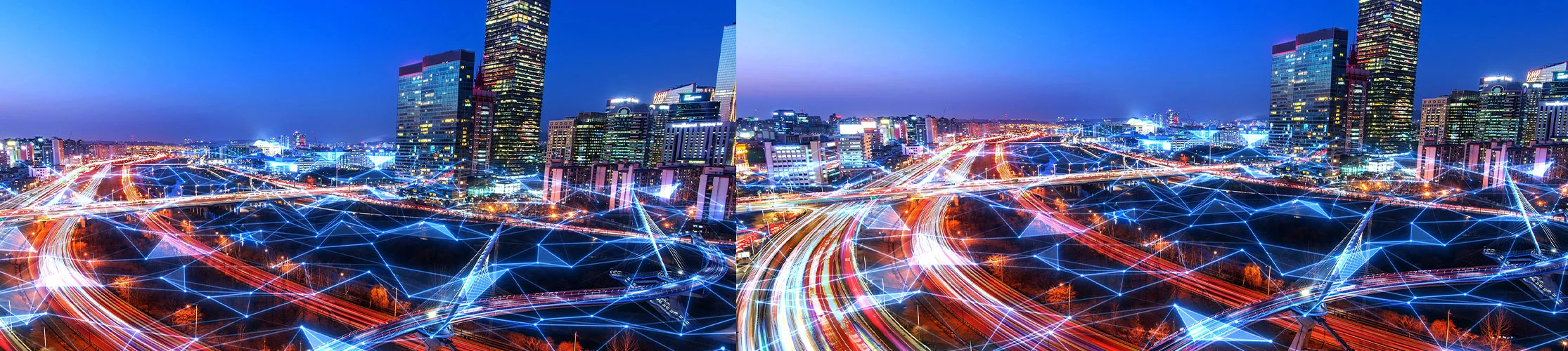 A city landscape at night, with an overlaid image of interconnecting lines