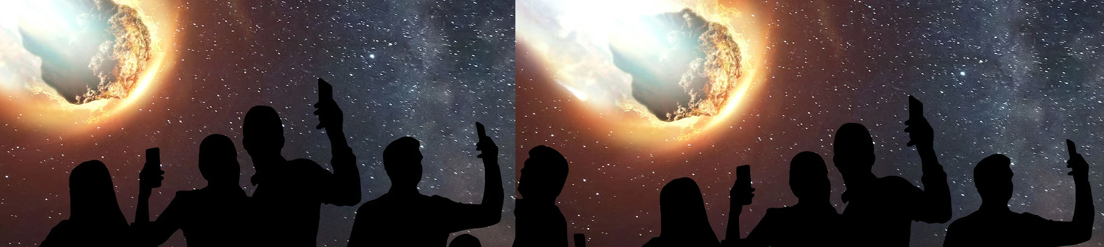 people nonchalantly hold up mobile phones to take a picture as an asteroid heads towards earth