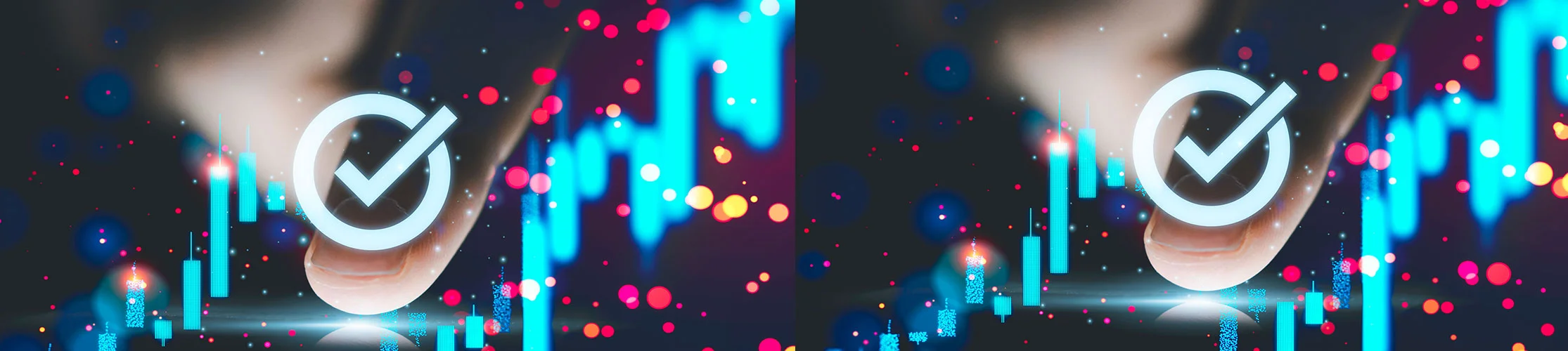 a finger with a tick mark over it, with some generic charts floating around