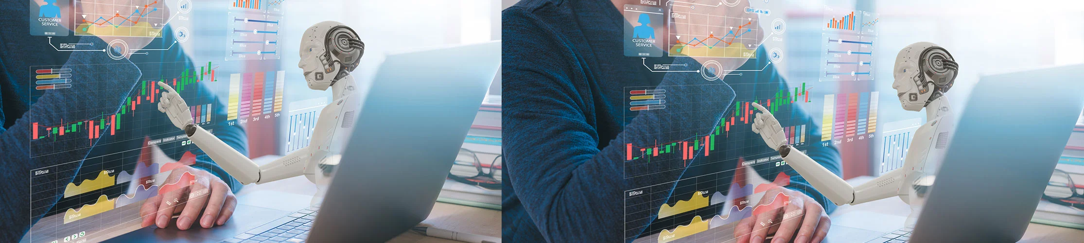 A robot reaches out of a laptop screen to point to some data