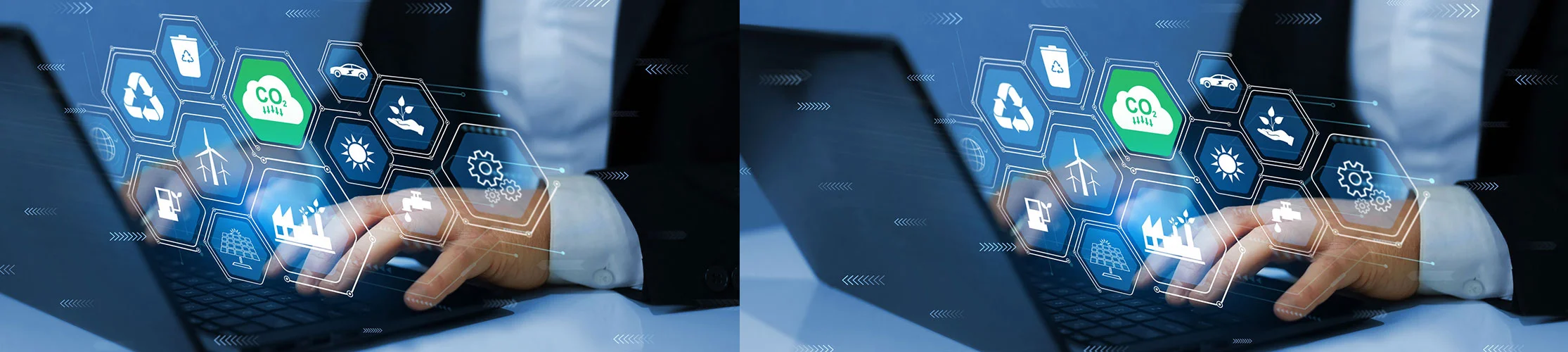 Laptop screen projecting various climate-related risk icons