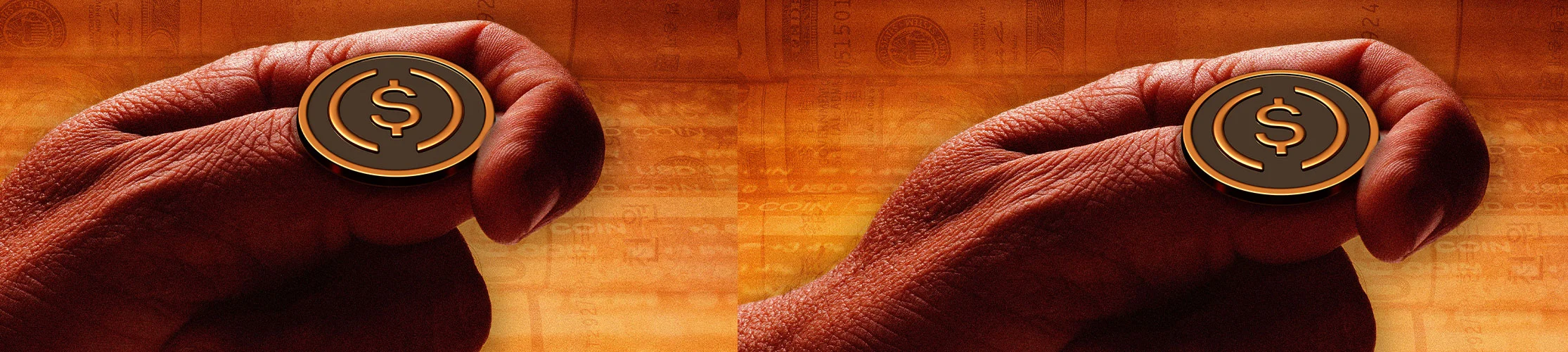 A thumb is flipping a digital coin