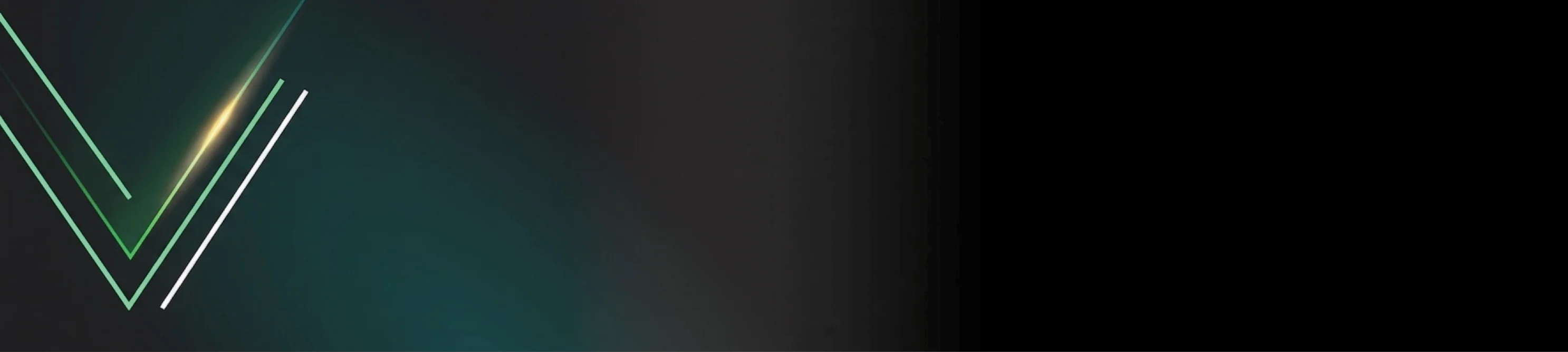 Abstract hero banner featuring glowing green and white V-shaped lines with a golden light flare on a dark charcoal background