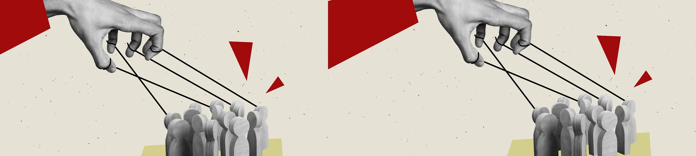 illustration of people-type characters tied to string that are being manipulated by a hand, like puppets