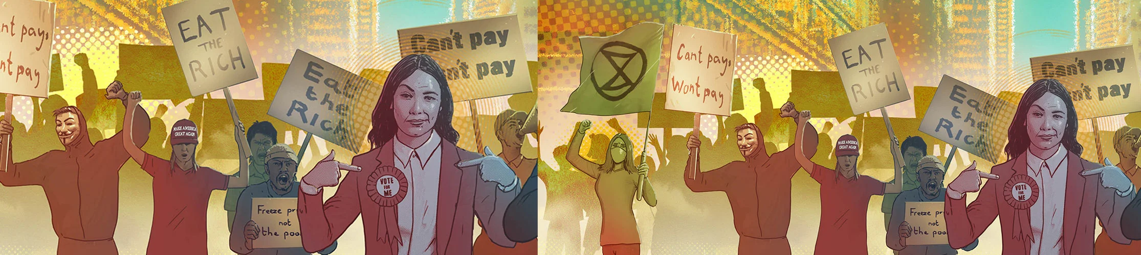 People hold anti-bank protest placards on the street, as a political with a ‘Vote Me’ badge smiles on