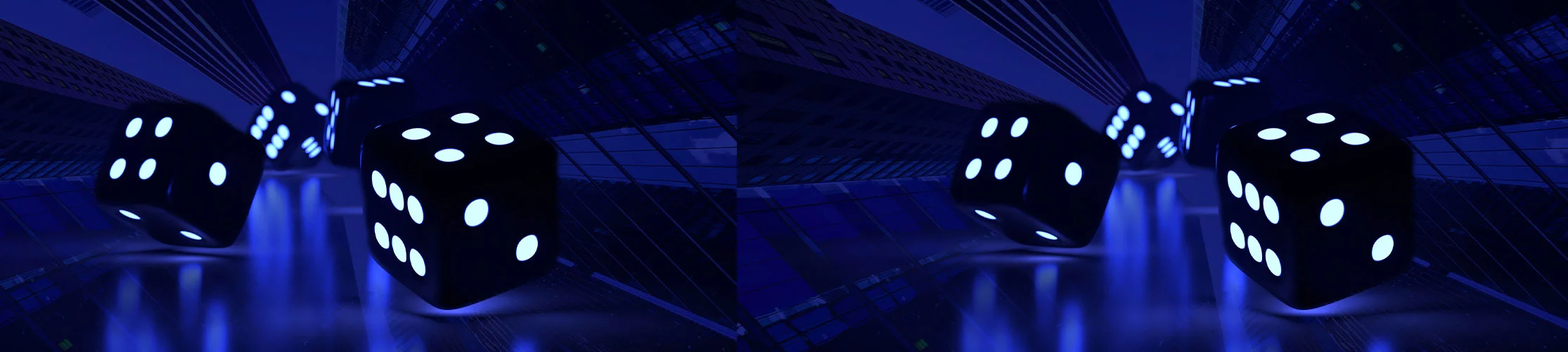 Three dice roll along a neon landscape