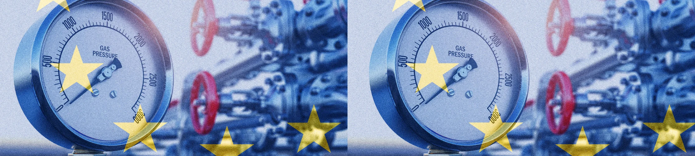An EU flag is superimposed over a gas pressure gauge that reads zero