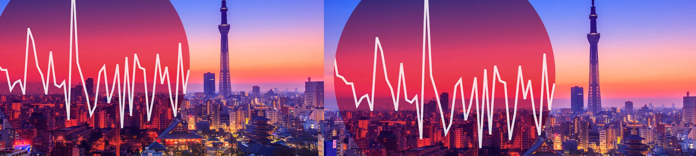 東京の街並みに日本の国旗が重ねられ、その上にデータラインが表示されています