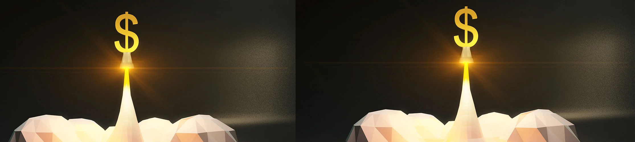 ドル記号がロケットのように空へと飛び立っています