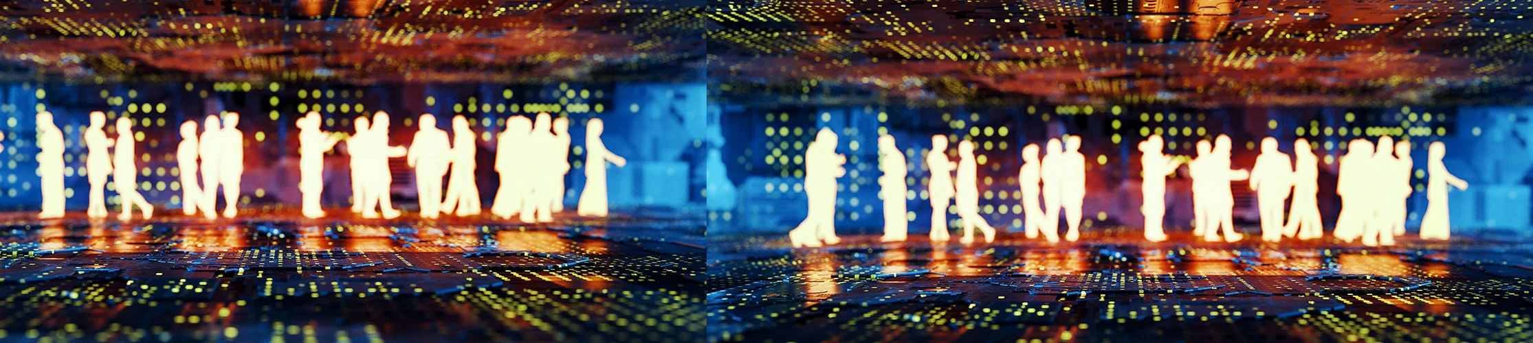 Silhouettes of people against a digital background
