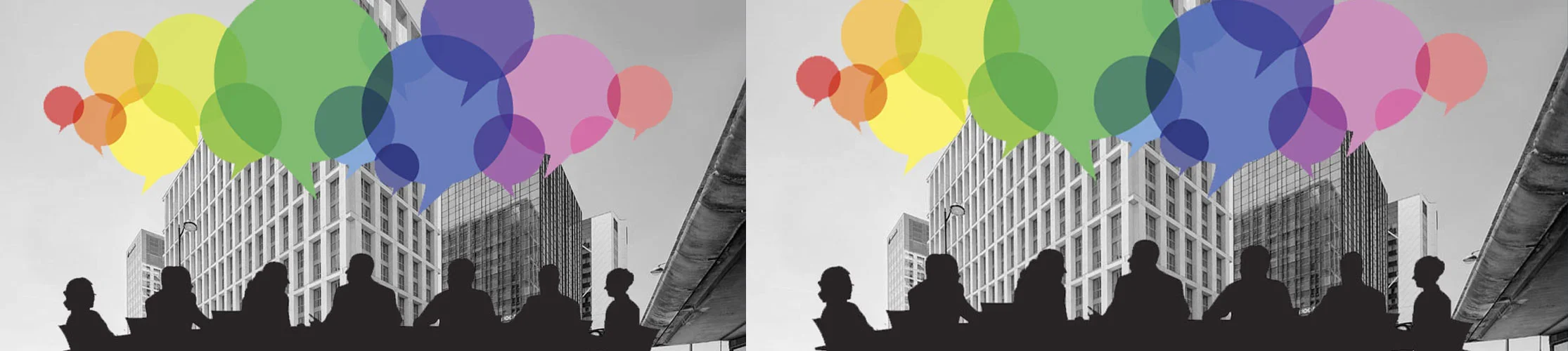 Silhouettes of people against a background of the Esma offices