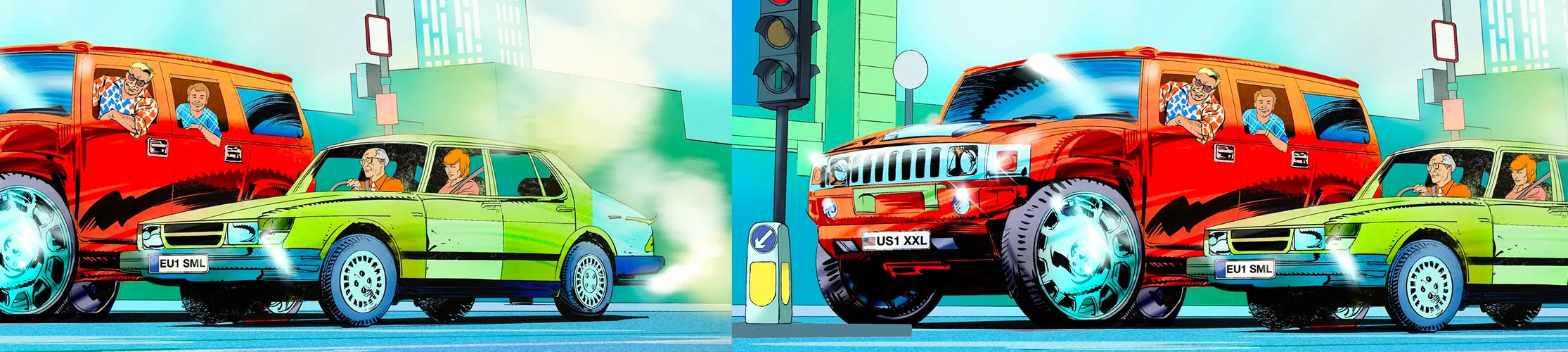 Illustration of a large American car dwarfing a small European car