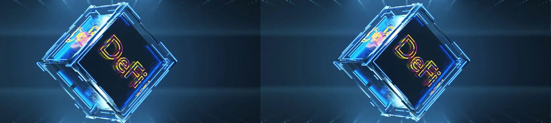 A glass cube with the word DeFi is shown glowing against a dark background