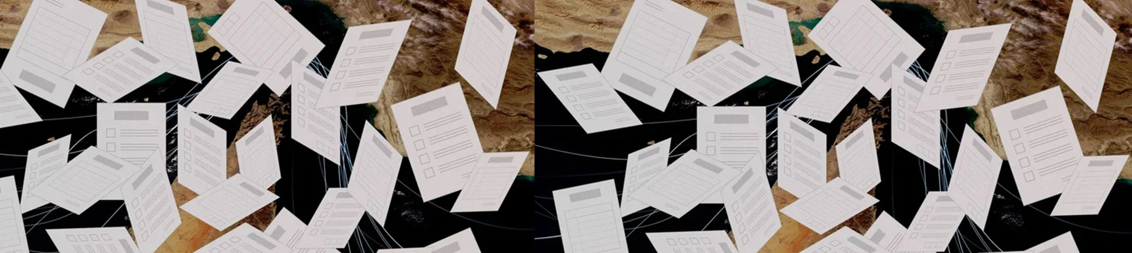 Blank exam paper sheets fly around against a background of the Strait of Hormuz