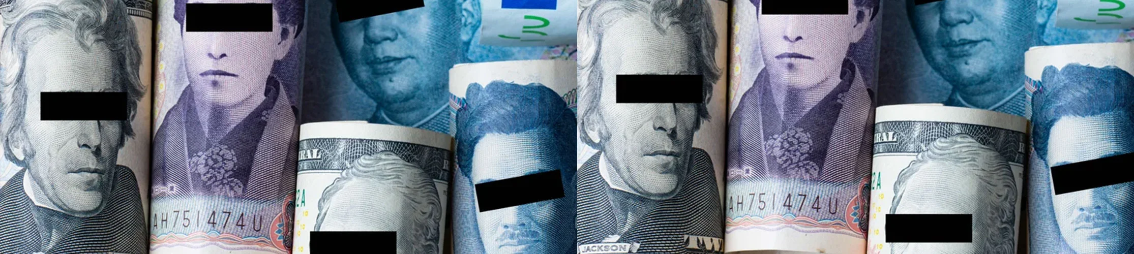 Global banknotes are shown with all the people having black rectangles across their eyes, representing the market going ‘blind’