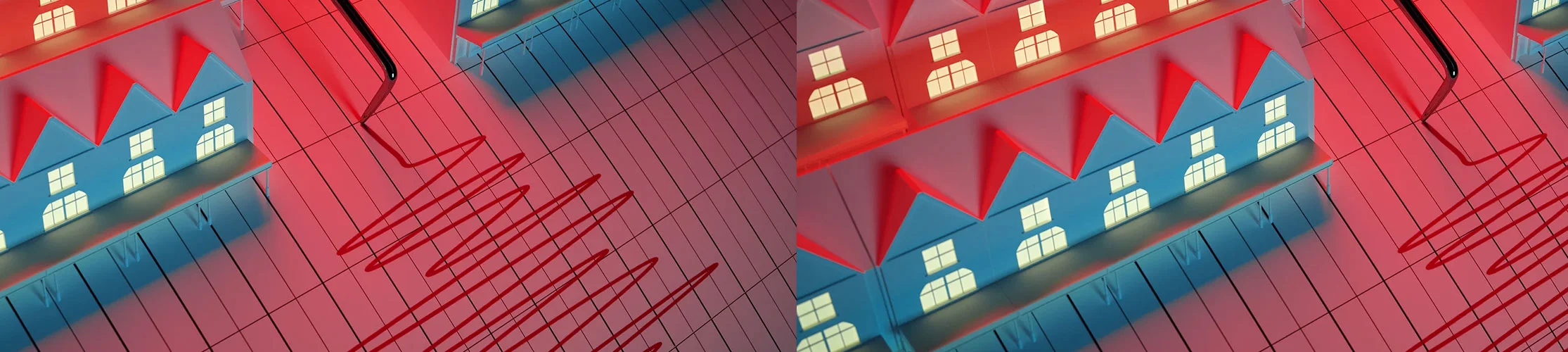Illustration of rows of toy houses with a Richter-scale type readout