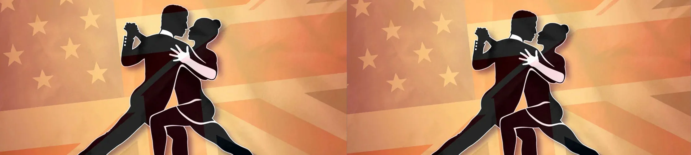 Silhouette of tango dancers with US and UK flags in the background