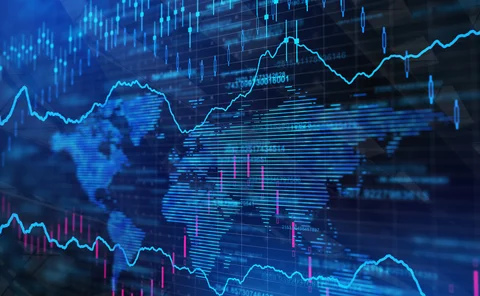 Foreign exchange trading graph lines superimposed over computerised rendering of a flattened map of the earth