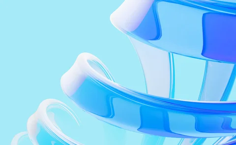 Futuristic blue glass-like ribbons forming a fluid abstract structure, symbolising modern technology and digital innovation