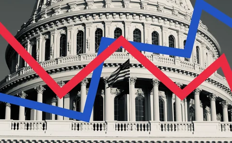 US Senate building overlaid with diverging blue and red CPI lines