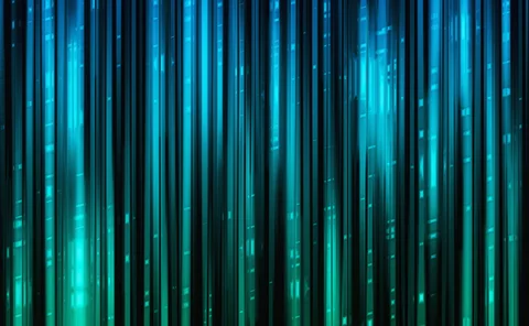 Vertical blue and green digital data streaming lines resembling a curtain