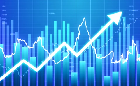 Stock chart with arrow surging upwards