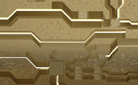 Abstract golden circuit board background with illuminated electronic traces and layered pathways, symbolizing advanced computing, digital infrastructure, and high-performance technology