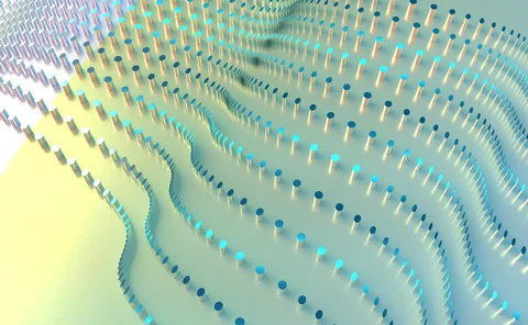 Abstract data visualization with rows of illuminated dots forming wave-like patterns, symbolizing digital data streams, analytics, and artificial intelligence