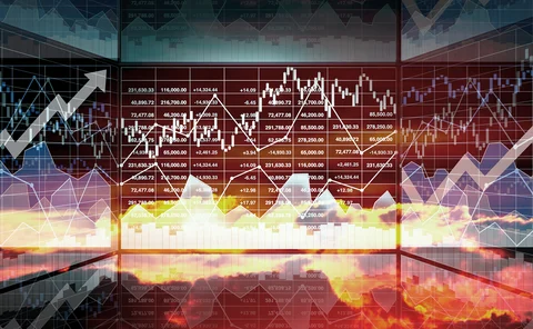Stormy and sunny clouds overlaid with financial data charts
