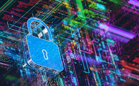 Digital padlock against a background of binary numbers