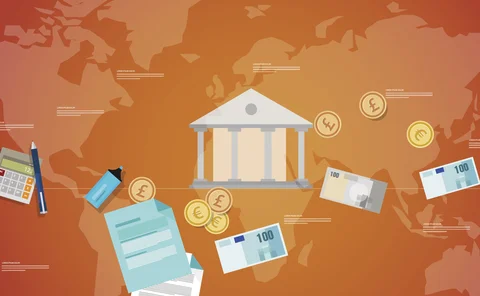 banking symbols and map