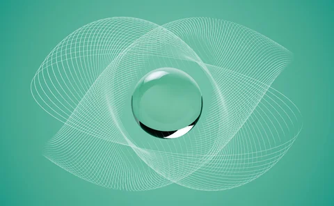 A sphere sits in the middle of some criss-crossing grids on a green background